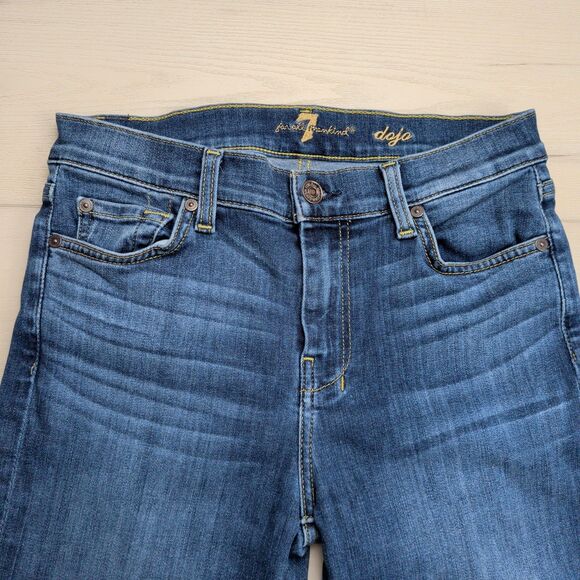 7 For All Mankind Dojo Jeans Womens 28 Blue Flare Stretch Denim 34" Inseam Boho - Picture 2 of 14